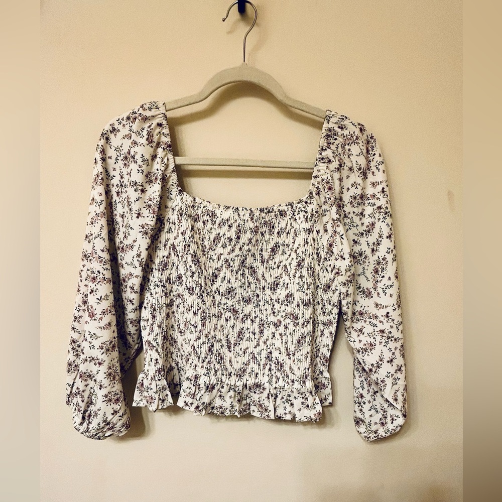 Floral Long Sleeve Smocked Blouse - cream